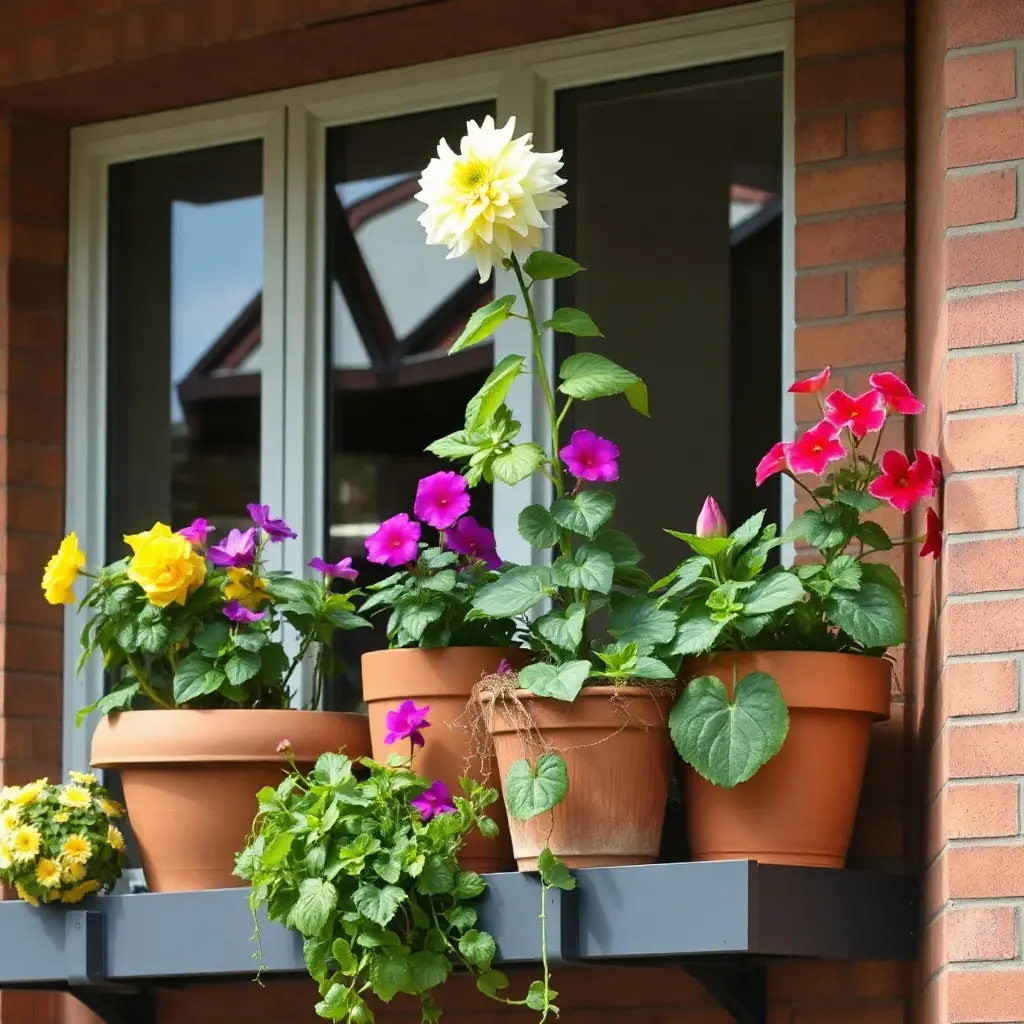Pięknie urządzony balkon z kolorowymi roślinami balkonowymi – pelargonie i surfinie w skrzynkach