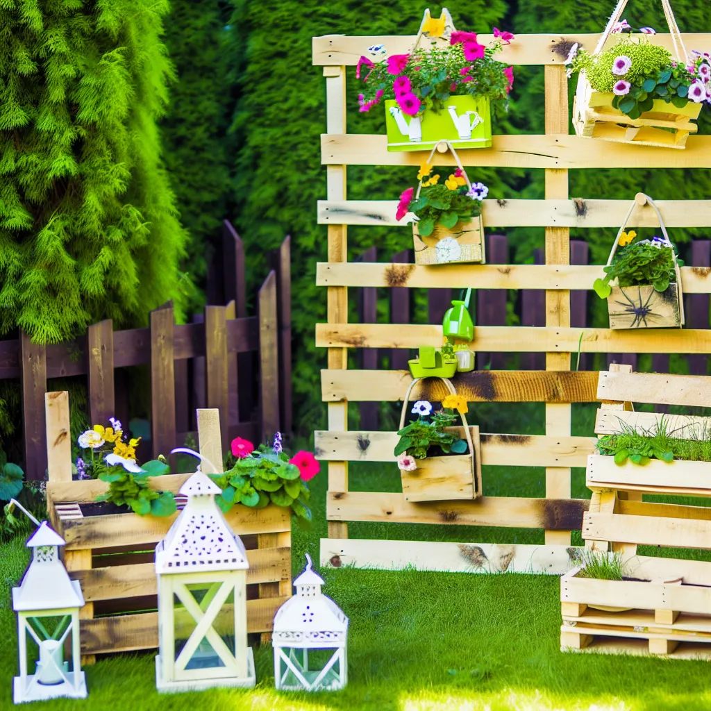 Piękny pionowy kwietnik z palety z kolorowymi kwiatami w słonecznym ogrodzie