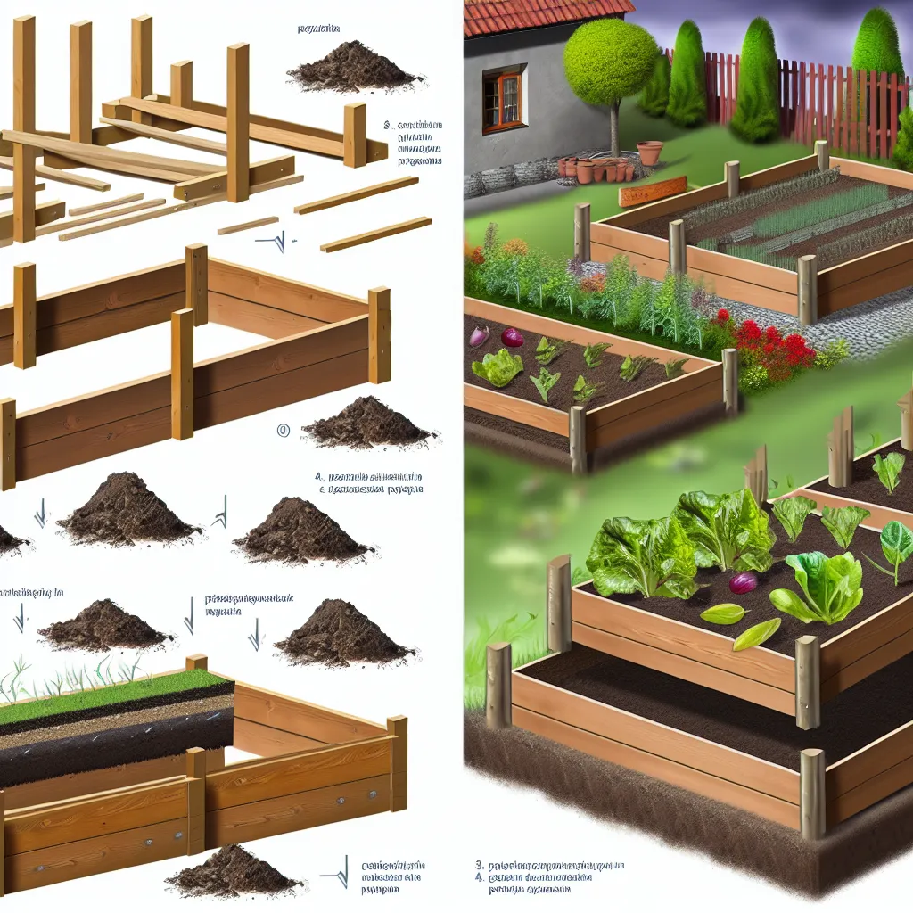 Piękne drewniane podwyższone grządki warzywne w polskim ogrodzie pełne warzyw