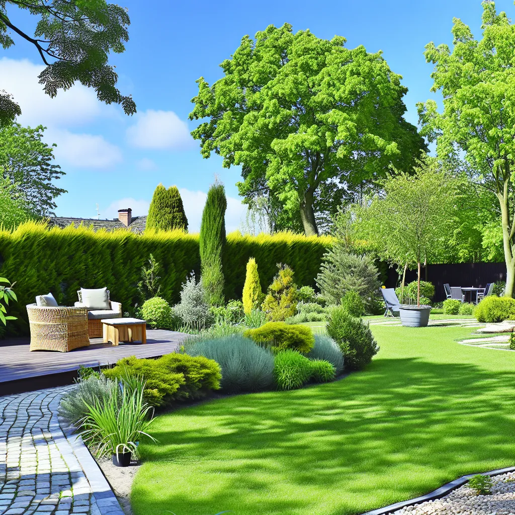 Piękny ogród przydomowy w Polsce z zadbanym trawnikiem i kwitnącymi rabatami