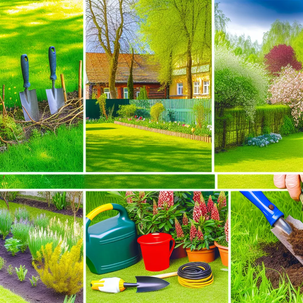 Piękny polski ogród przydomowy z zadbanym trawnikiem i kwitnącymi rabatami wiosną