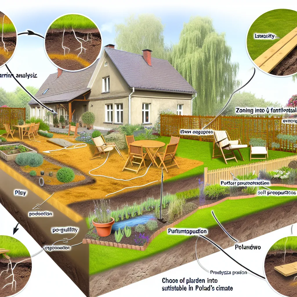 Podział ogrodu na strefę wypoczynkową z drewnianym tarasem i strefę zieloną z trawnikiem