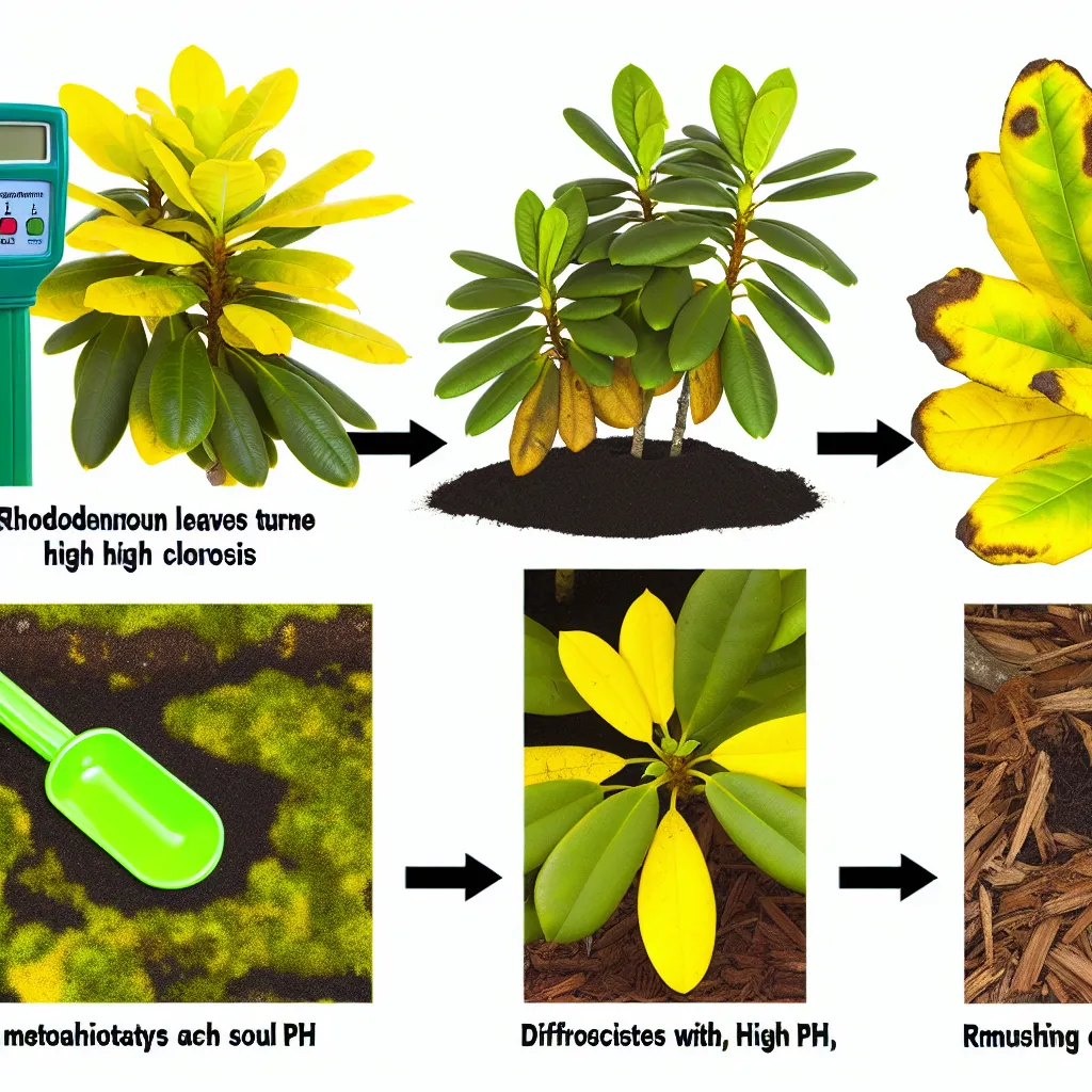 Porównanie zdrowego liścia rododendrona z liściem dotkniętym chlorozą - żółte liście z zielonymi żyłkami