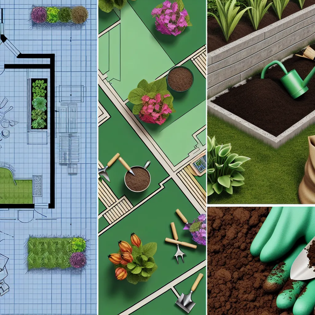 Projekt ogrodu na papierze z narzędziami ogrodniczymi