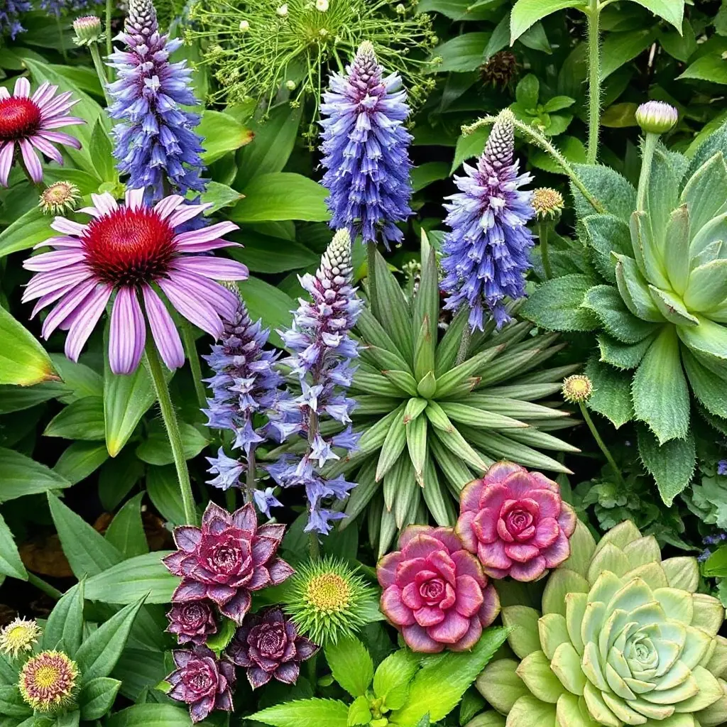 Rośliny na literę E – kwitnąca jeżówka echinacea i mikołajek eryngium na rabacie ogrodowej