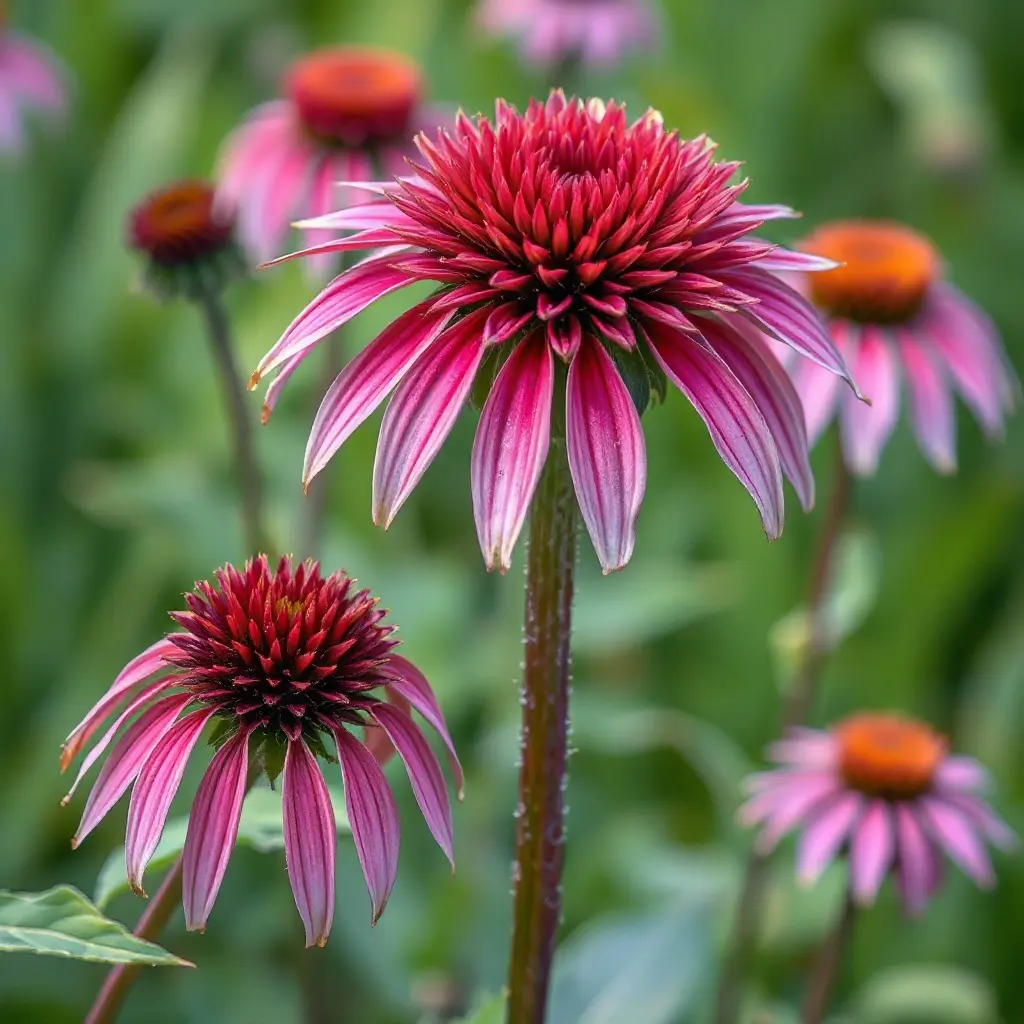 Różne odmiany jeżówki Echinacea w kolorach pomarańczowym, różowym i białym