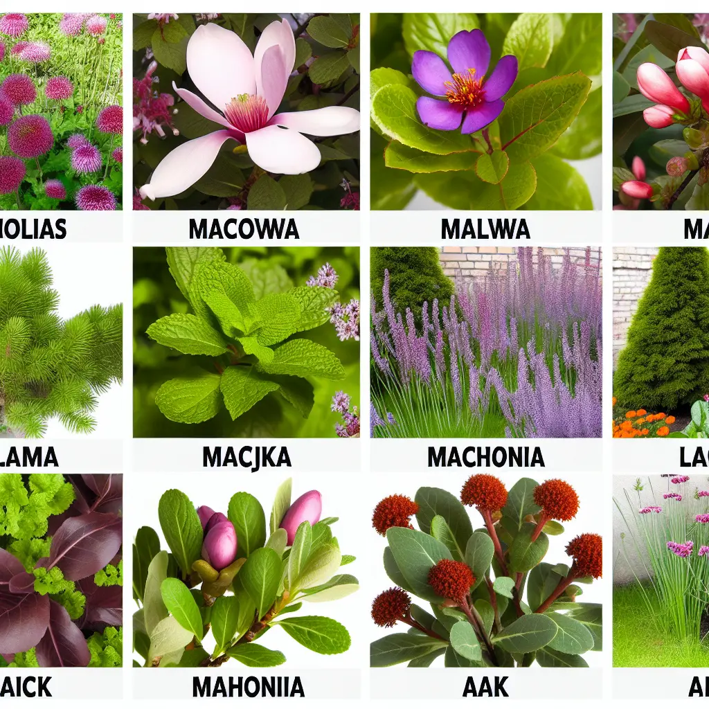 Różnorodne kwiaty na literę M w polskim ogrodzie – malwa, maciejka, magnolia.