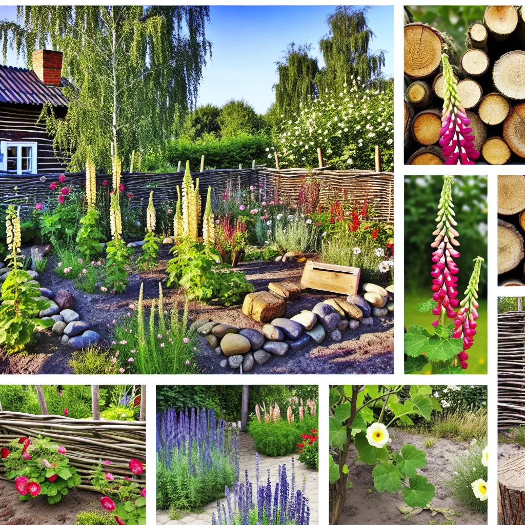 Sielski ogród rustykalny z kwitnącymi malwami i ceglaną ścieżką