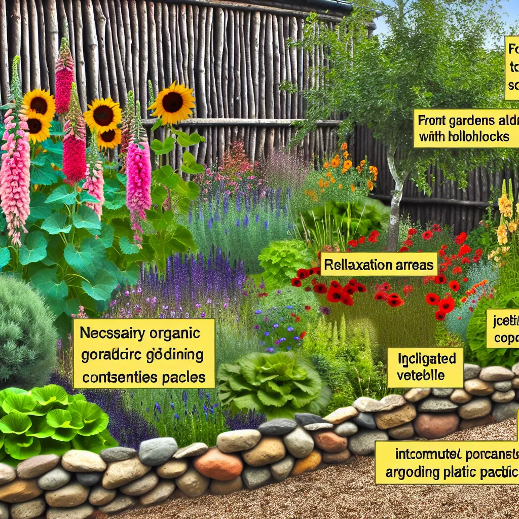 Sielski ogród wiejski z drewnianym płotem i kwitnącymi malwami