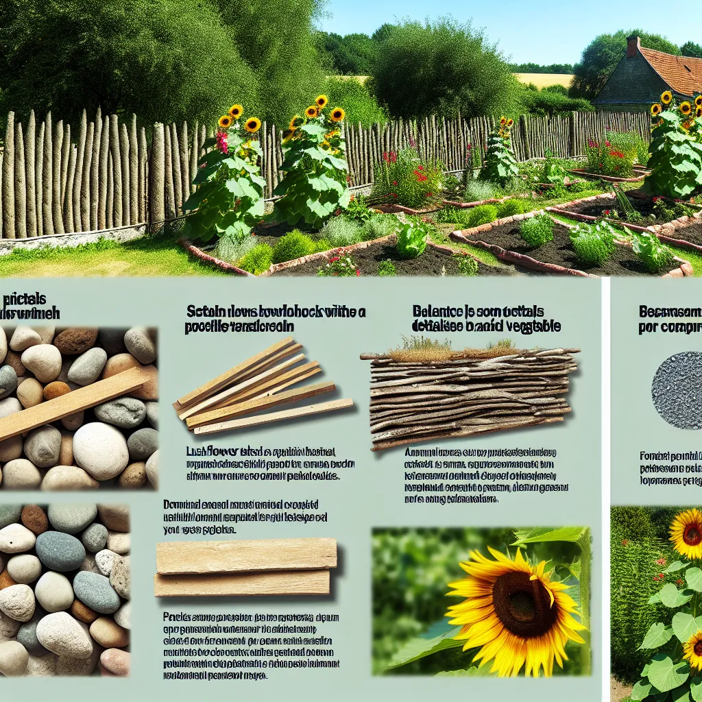 Sielski ogród wiejski z malwami i drewnianym płotem w pełnym słońcu