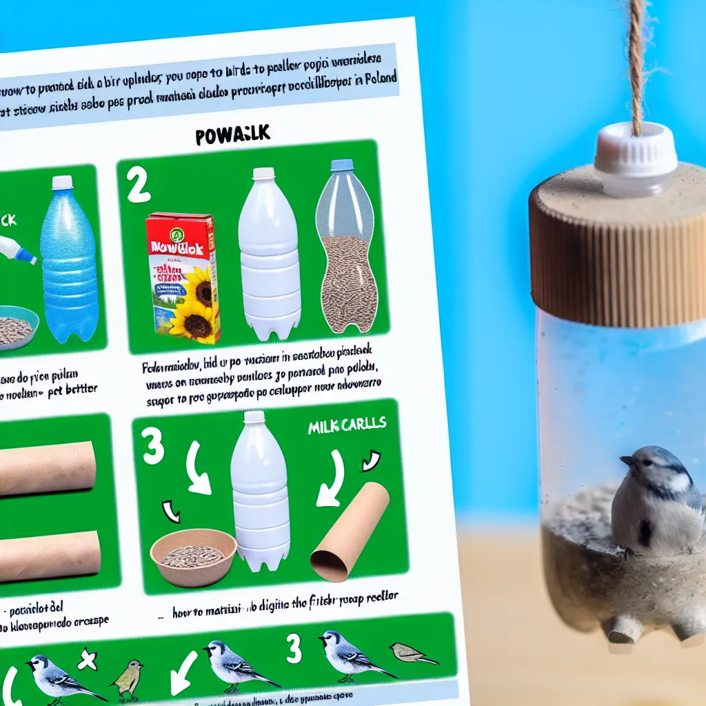 Sikorka bogatka jedząca z karmnika z butelki plastikowej i drewnianych łyżek