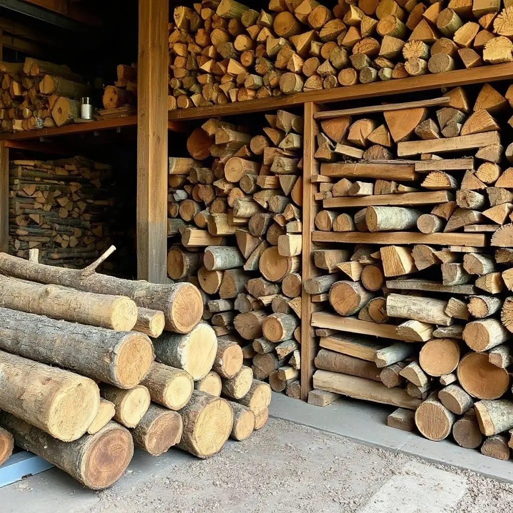 Skład drewna w Polsce – rzędy sezonowanych kłód i desek pod wiatą