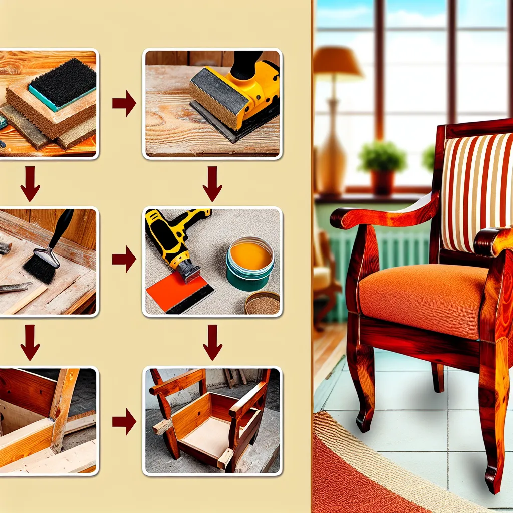 Stary fotel PRL przed i w trakcie renowacji, widoczne różnice w kolorze drewna