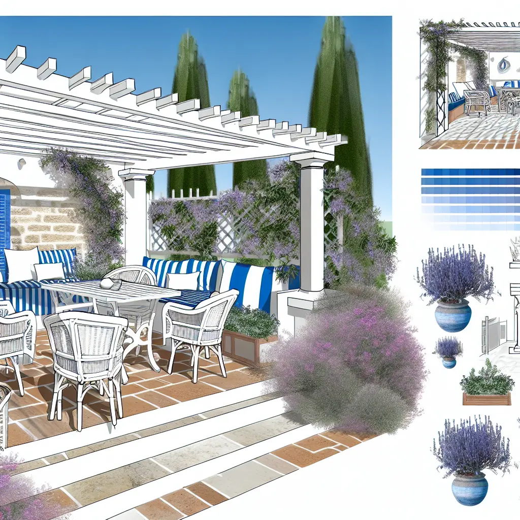 Taras w stylu greckim z pergolą i roślinami