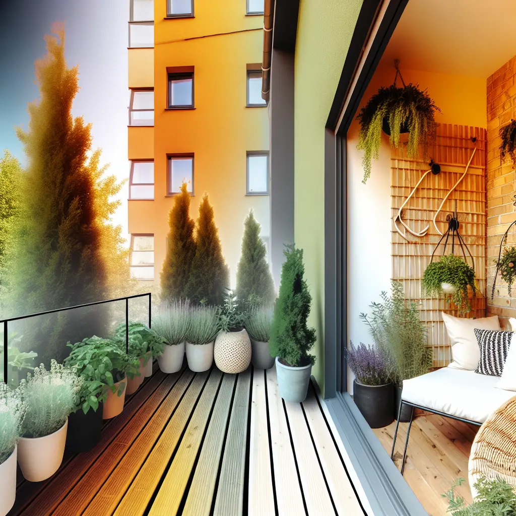 Urzadzony taras w bloku z meblami i roślinami