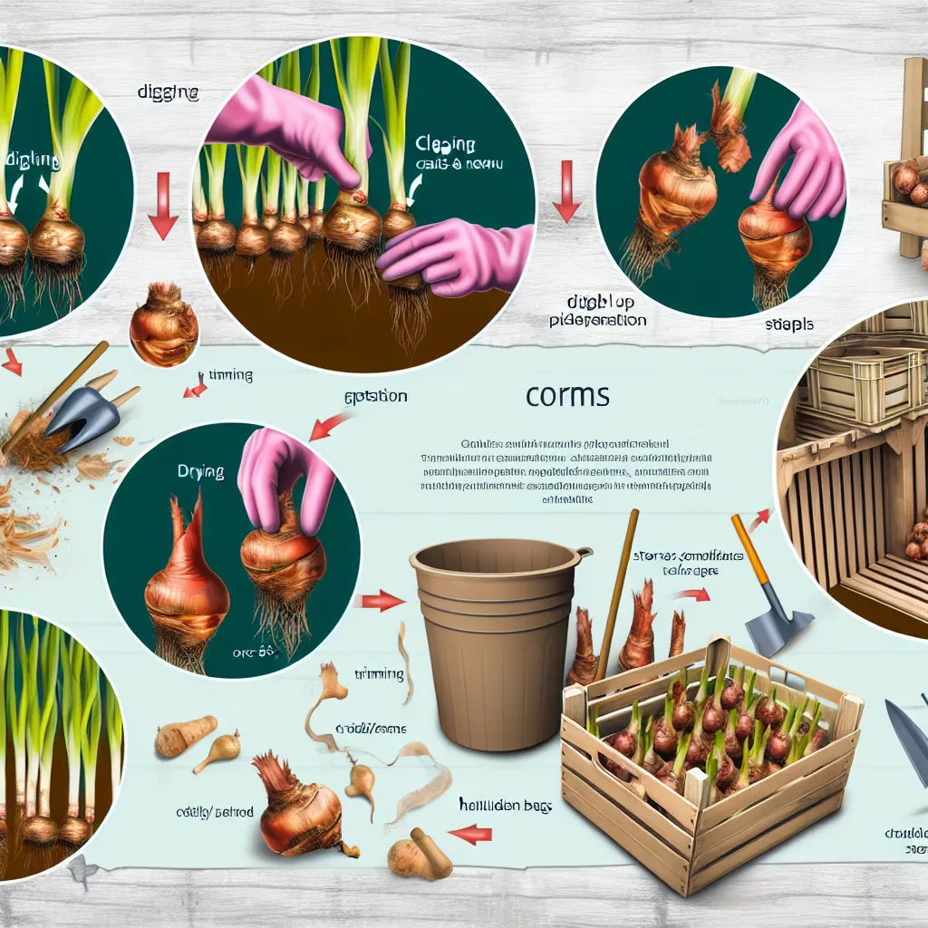 Wykopywanie mieczyków widłami amerykańskimi w jesiennym ogrodzie