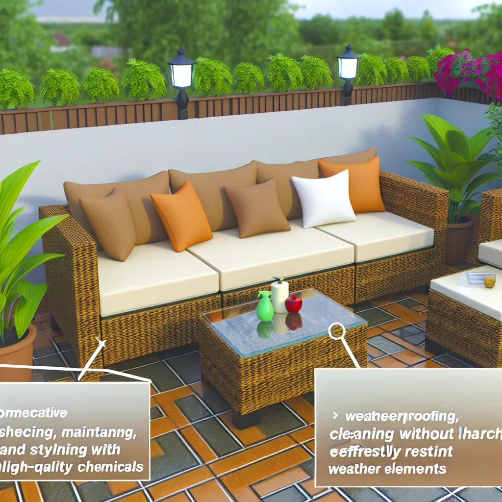 Zbliżenie na splot technorattanowy i wodoodporną poduszkę sofy ogrodowej