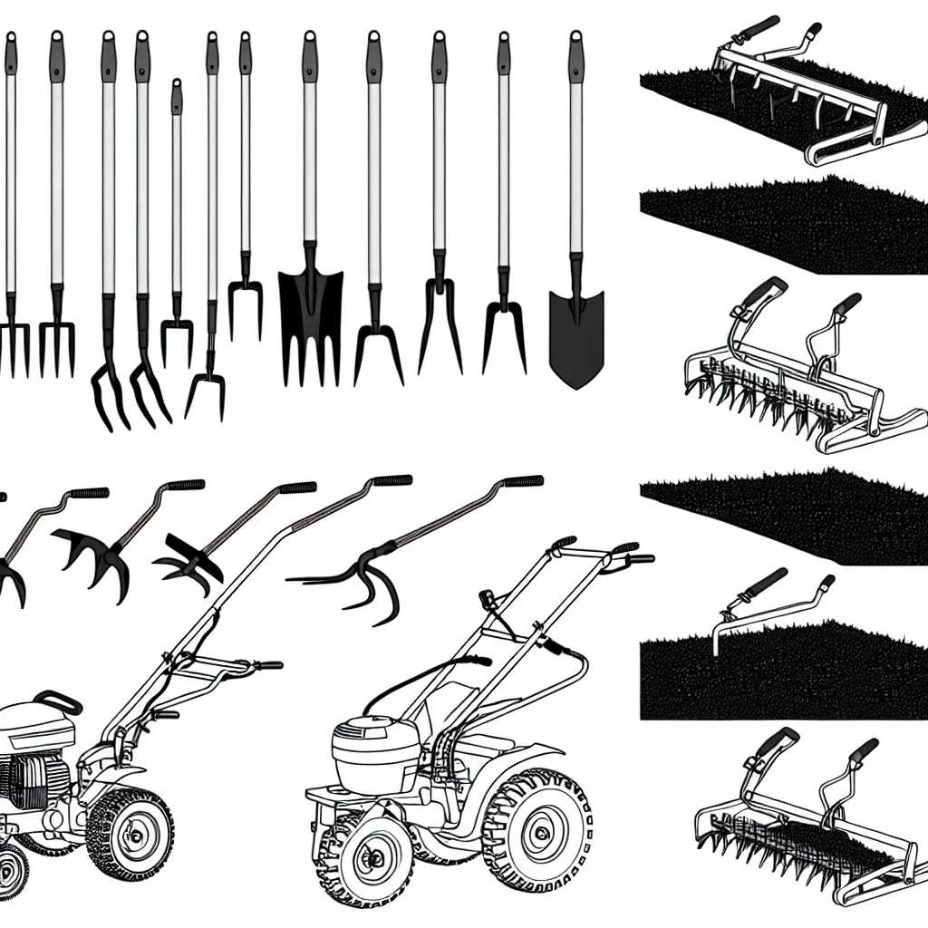 Zestaw ręcznych narzędzi ogrodniczych do spulchniania gleby leżących na ciemnej ziemi