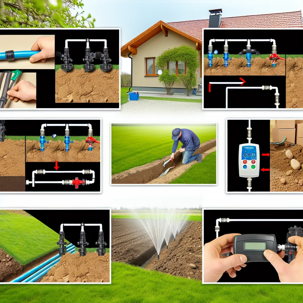 Zraszacz wynurzalny podlewający zielony trawnik o poranku